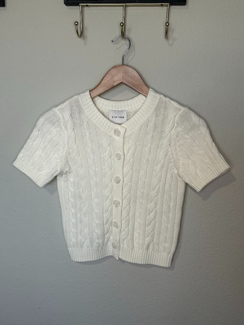 Pink Rose Ivory Cable Knit Short Sleeve Cardigan XS Coquette Preppy